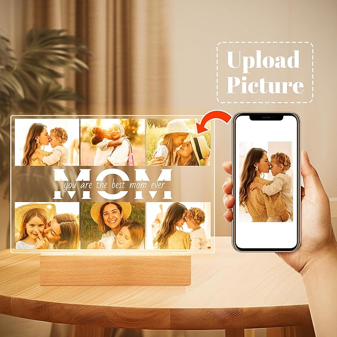 Personalized Mothers Day Gifts for Mom from Daughter Son, Custom Picture Frames with Photos, Customized Photo Frame with Night Light, Personalized Birthday Gifts for Mom Baby Kids Family