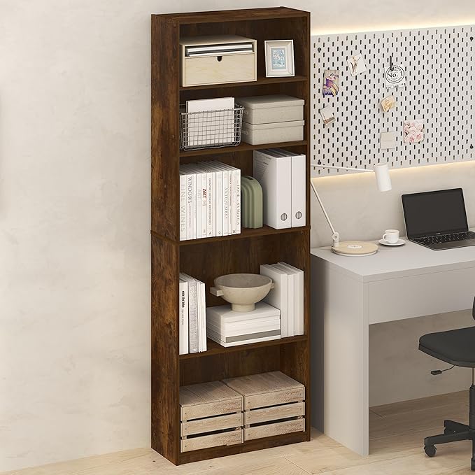 Furinno Jaya Simply Book Shelf, 5-Tier Bookshelf, Bookcase with Adjustable Shelves, 9.5 x 24.5 x 71.2, for Living Room, Bedroom, Home Office, Amber Oak