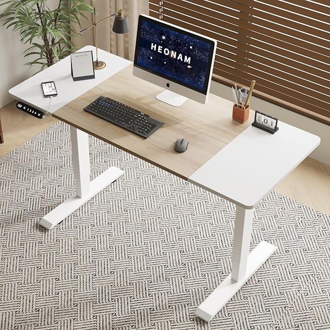 55 Inch Computer Desk with Power Outlets and USB Ports, Large Office Desk for Home Office, Modern Writing Table with Sturdy Frame