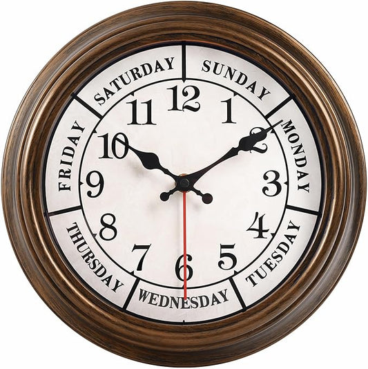 45MinST 12 Inches Retro Wall Clock,Day of The Week Wall Clock,Calendar Day Clock,Silent Non Ticking Battery Operated Movement(Bronze)