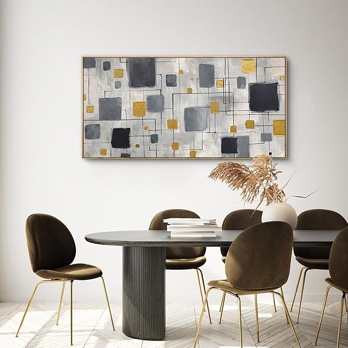KLAKLA Neutral Decor Modern Abstract Wall Art Poster - Black Gold Gray for Living Room Bedroom Office Framed Minimalist Abstract Design 48x24 Inches