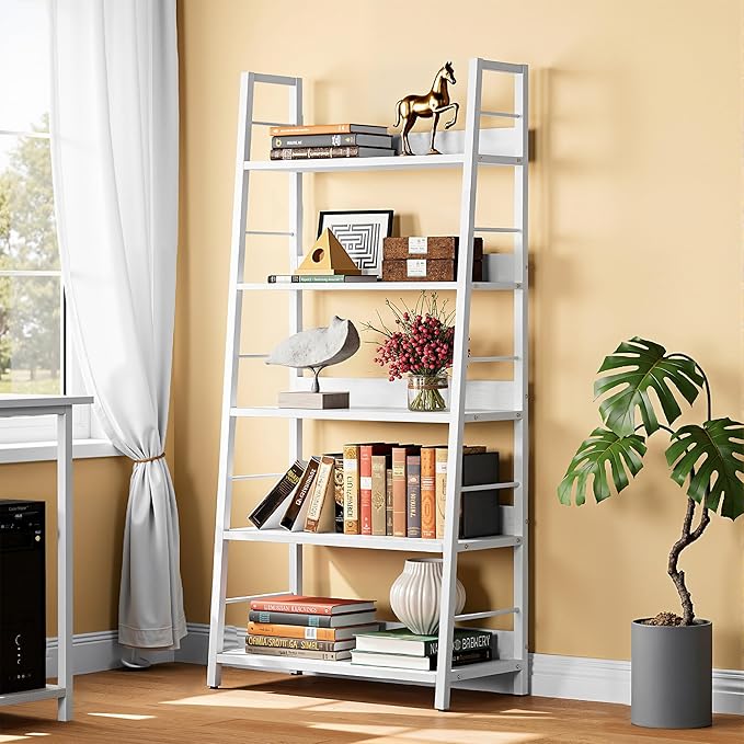 IRONCK Industrial Bookshelves and Bookcases, Ladder Shelf 5 Tiers with Metal Frame for Living Room, Home Office, White