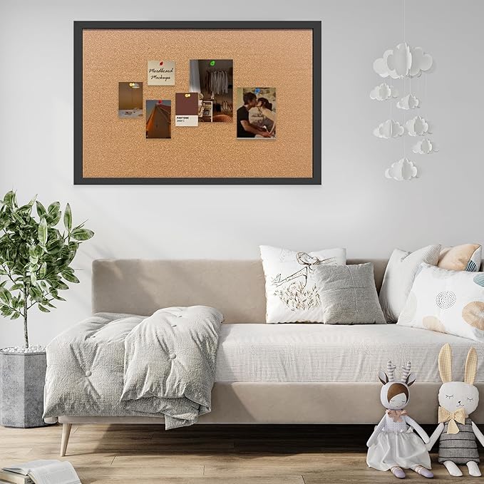 Cork Bulletin Board, 48x31.5 Inches Hanging Cork Board Wooden Framed with Pins for Wall, Dorm Room, Office, Home Decor – Natural Cork & Black Frame