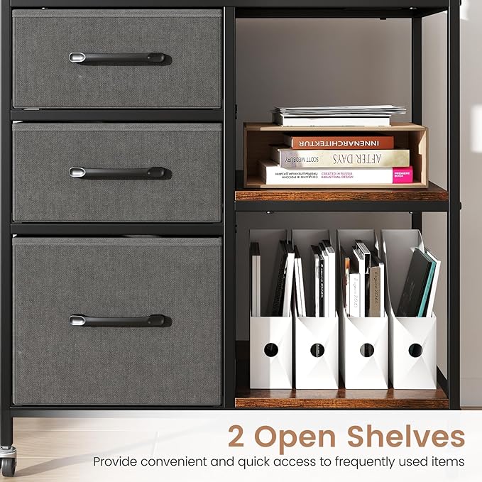 GOFLAME 3 Drawer Mobile File Cabinet with Charging Station, Rolling Printer Stand with Open Storage Shelves, Wooden Storage Cabinet on Wheels for Home Office (Rustic Brown and Gray)