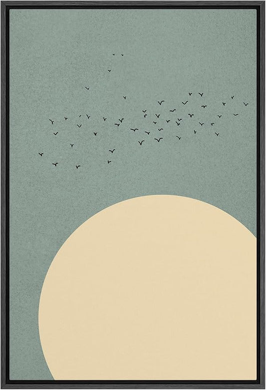 SIGNFORD Framed Canvas Print Wall Art Large Tan Sun Under Flock of Birds Abstract Wilderness Digital Art Modern Art Southwest Colorful for Living Room, Bedroom, Office - 16"x24" Black