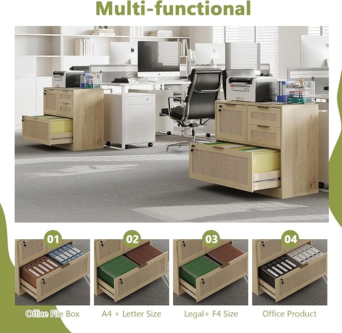 HOPUBUY Lockable 4 Drawers File Cabinet, Lateral Filing Cabinet with Printer Stand for Home Office and School, Wood Rattan File Cabinet for Hanging Files/Letter/Legal/A4/F4 Size, Natural Wood