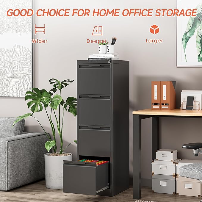 4 Drawer File Cabinet,Metal Vertical File Storage Cabinet with Lock,Filing Cabinets for Home Office,A4 Legal/Letter-Assembly Required/Black