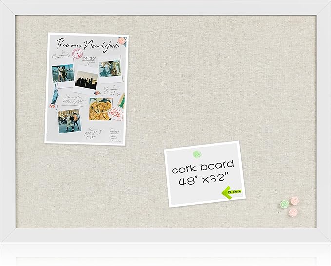 Board2by Farmhouse Linen Cork Bulletin Board 48 x 32, White Wood Framed 4 x 3 Corkboard, Office Board for Wall Decor, Large Pin Board Picture Board with 20 Pushpins for School, Home & Office