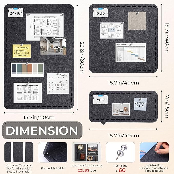 3 Pack Large Felt Bulletin Boards 24"/16"/7"x 16" Foldable Picture Vision Board for Office Wall Frameless Cork Board with 60 Push Pin for Home, Kitchen, Wall Pin Boards(Grey)