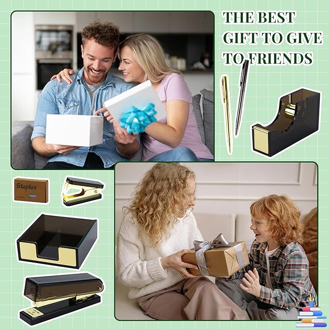 MultiBey Black Gold Acrylic Sticky Notes Holder Stapler and Tape Dispenser Cutter with Sticky Notes, 950 Staples & Tape, Staple Remover, Scissor, Ballpoint Pen, Paper Clips Set for Women Office Home