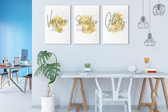 SHMAO Gold Office Canvas Wall Art Motivational Wall Decor, 3 Piece Vision Sacrifice Glory Print Pictures for Office Wall Decor Women Inspirational Framed Artwork Home Office Decor 16”x24”x3 Panels