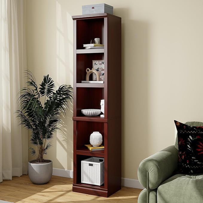 70" Tall Bookcase, Mahogany Narrow Floor Standing Bookshelf, 5 Tier Shelves Open Storage Organizer, Book Case for Living Room Hallway Kitchen Home Office Bathroom, Mahogany - 5 Tier