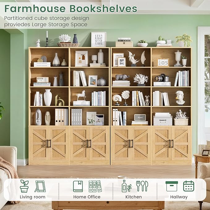 Modern Bookshelf and Bookcase with 4 Doors Set of 2, 71" Tall Double Book Shelf with Storage Cabinets, Floor Standing Open Display Shelves, 6 Tier Large Book Case for Home Office, Natural
