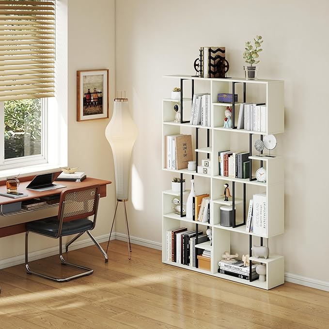 Manora 4 Tier Geometric Bookcase, S Shaped Bookshelf, Modern White Bookcase with Tall Display Shelves, Decorative Storage Shelf for Living Room and Bedroom
