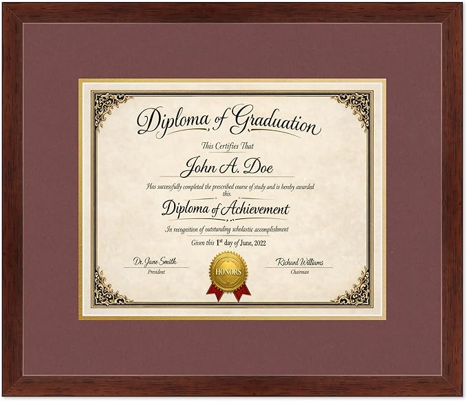 Diploma Frame Rustic Walnut With Dark Red Over Gold Double Mat - Fits 14 x 11 College Diploma (Modern) Wall Display Made in the USA