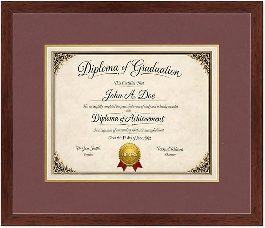 Diploma Frame Rustic Walnut With Dark Red Over Gold Double Mat - Fits 14 x 11 College Diploma (Modern) Wall Display Made in the USA