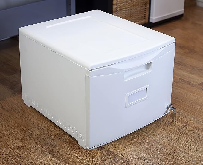 Storex Plastic One-Drawer File Cabinet – Locking Document Organizer for Home and Office, White, 1-Pack (61271A01C)