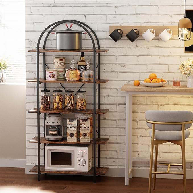 Arched Bookshelf 5 Tier Book Shelf, 31.5 Inch Width Industrial Arch Bookcase, Curved Tall Bookshelf with Open Shelves for Home Office, Living Room, Bedroom, Rustic Brown