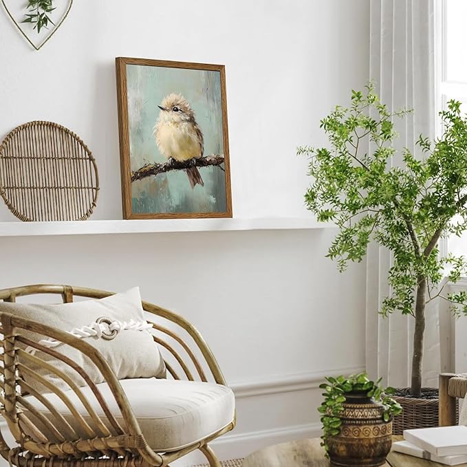 AVECCO Framed Vintage Funny Birds Canvas Wall Art, Bird Rustic Farmhouse Wall Decor, Unique Animal Art Prints for Kid's Room Bathroom Bedroom Living Room Office Home Decoration Ready to Hang 12x16 In