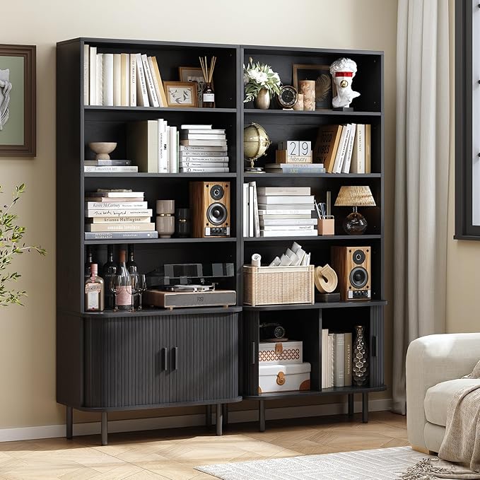 ONBRILL 71" Tall Bookshelf, 4-Tier Bookcase with Storage Cabinet & Adjustable Shelves, Floor Standing Wooden Bookshelf with Sliding Door and Adjustable Footpad, for Home Office, Living Room, Black