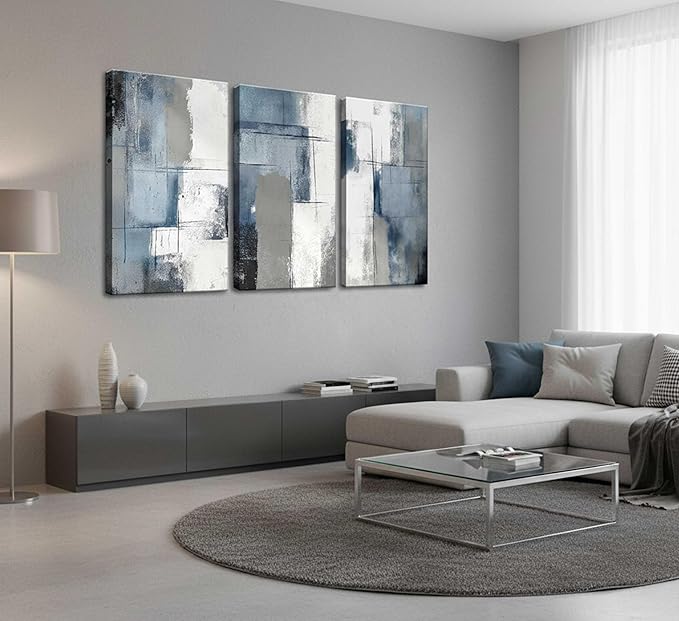 3 Pcs Navy Blue Abstract Canvas Wall Art Modern Minimalist Neutral Blue and Grey Paintings Pictures Wall Decor Poster Print Artwork for Living Room Bedroom Office Home Decoration