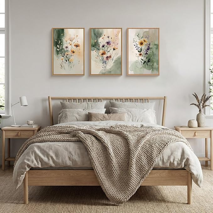 Large Vintage Wildflower Framed Canvas Wall Art,Rustic Watercolor Flowers Wall Decor,Boho Botanical Print,Retro Green Floral Artwork for Living Room,Bedroom,Dining Room -16"x24"x3