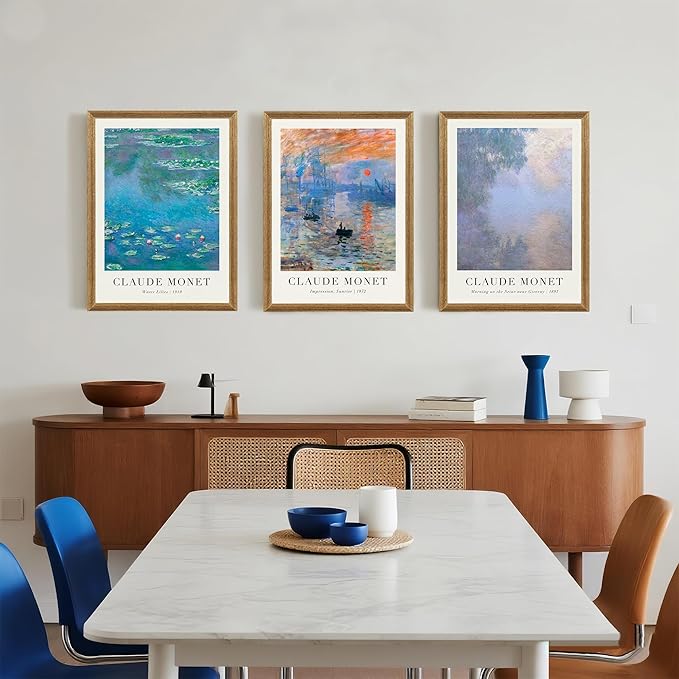 SYWENNOI Monet Impressionism Canvas Wall Art Set of 3, Classic Claude Monet Pieces Wall Decor, Water Lilies Sunrise and art Seine Landscape Art Prints for Living Room Bedroom Office 12x16 Wood Frames