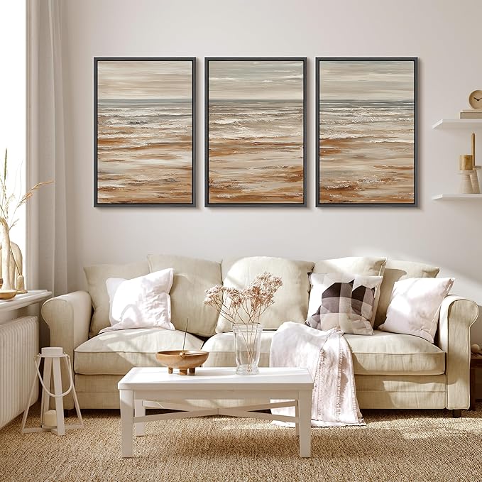 MUDECOR Framed Wall Art Print Set Neutral Coastal Seascape Minimalist Ocean Waves and Sandy Shore Illustrations Modern Art Boho Decorative for Living Room, Bedroom, Office - 16"x24"x3 BLACK