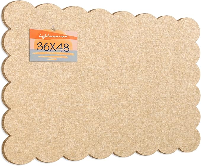 Scalloped Bulletin Board, 48 x 36 Inches Felt Pin Board - Decorative Cork Alternative for Wall, Foldable Picture Self-Adhesive Vision Prayer Board with 20 Pushpins - Beige Brown