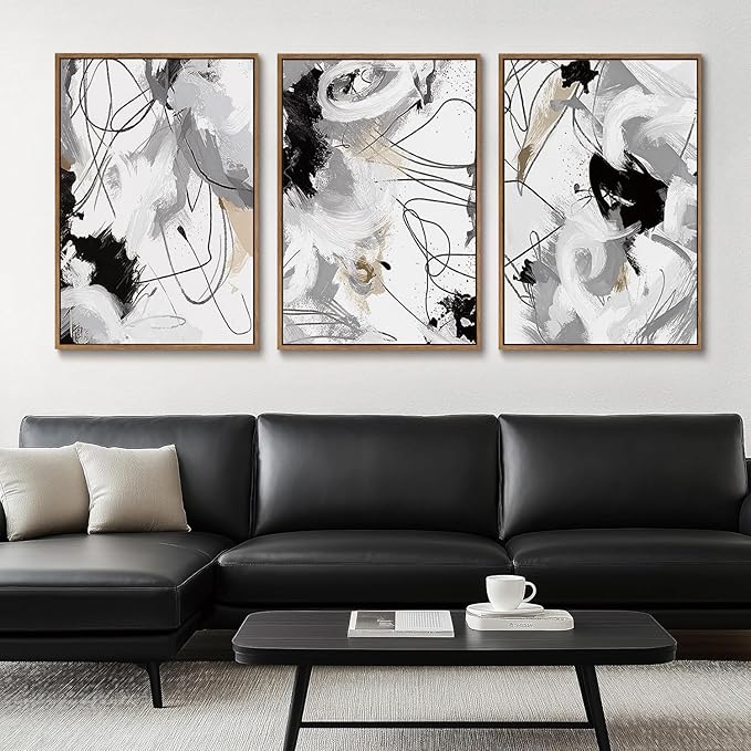 myusuar 3 Piece Large Modern Abstract Canvas Framed Wall Art For Living Room, Black And White Lines Minimalist Wall Art Decor Posters Prints For Bedroom Office, 24x36in