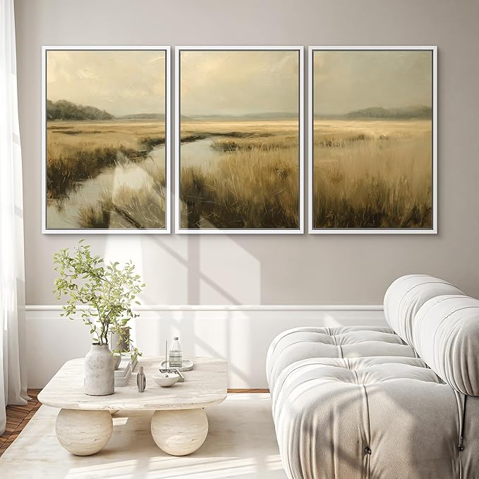 SIGNWIN Framed Canvas Print Wall Art Set Creek Through Golden Grasslands Illustrations Decorative Relax/Calm Zen for Living Room, Bedroom, Office - 16"x24"x3 WHITE