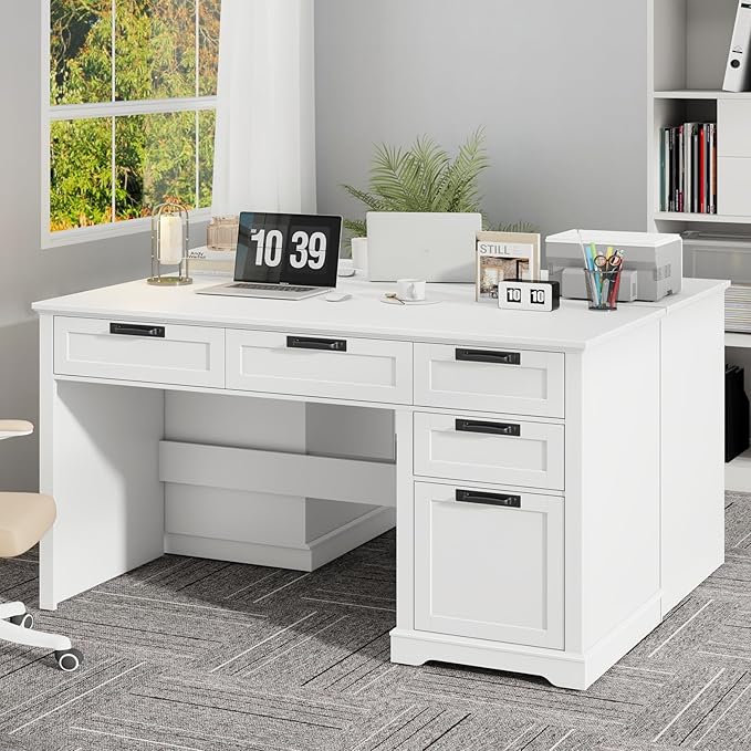 Vabches 55" Farmhouse Home Office Desk with File Drawer, Executive Computer Desk with 4 Storage Drawers, Rustic Computer Desk for Working, Studying, Writing, White