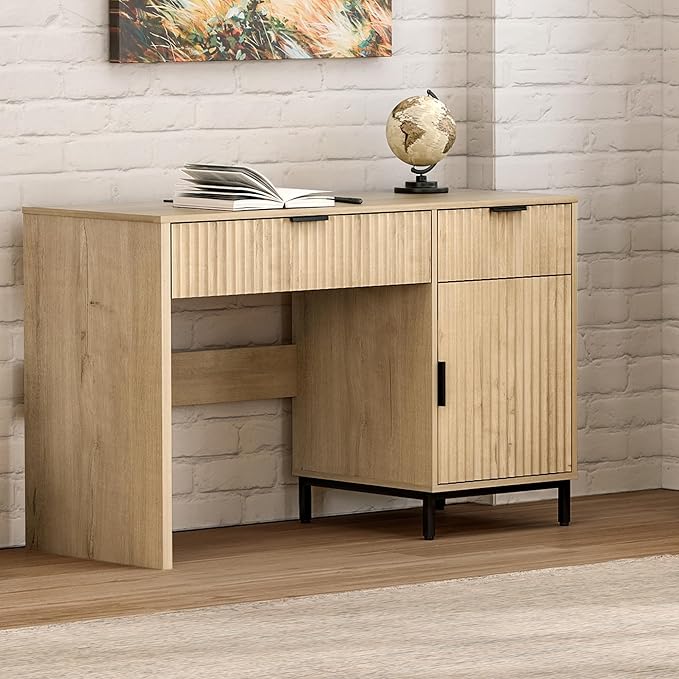 47" Home Office Desk with Fluted Drawers, Wood Exectuive Desk with Storage Cabinet, Charging Station, Metal Legs Modern Farmhouse Computer Desk for Work, Study Light Oak