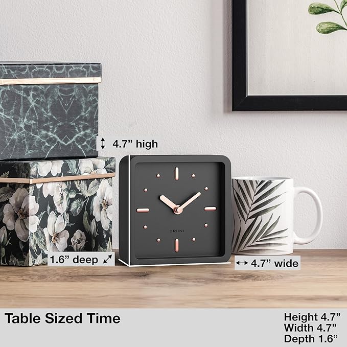 Driini Modern Mid Century Desk & Shelf Clock (Black Rose Gold) - Battery Operated with Silent, Analog Movement – Small Tabletop Clocks for Office – Perfect for Mantle, End Table, Desktop or Nightstand