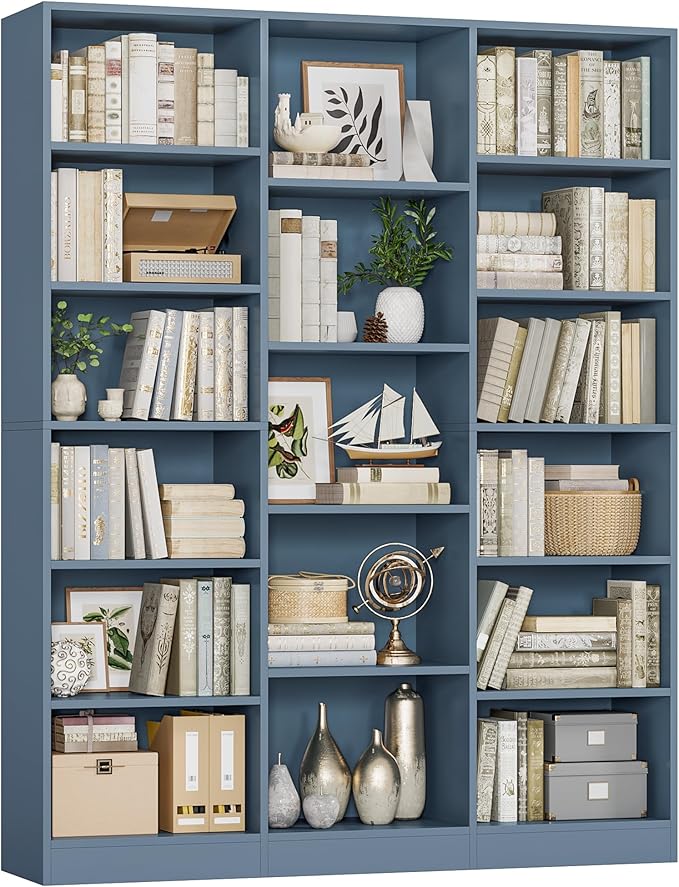 FACBOTALL Triple Wide Bookshelf, 6 Tier Large Bookshelf, Bookcase with 17 Open Display Shelves, 74'' Tall Bookcases and Bookshelves for Living Room, Home Office, Library, Blue