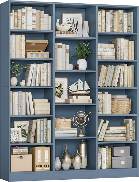 FACBOTALL Triple Wide Bookshelf, 6 Tier Large Bookshelf, Bookcase with 17 Open Display Shelves, 74'' Tall Bookcases and Bookshelves for Living Room, Home Office, Library, Blue