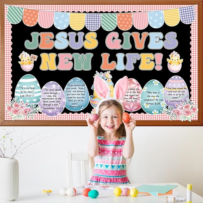 Easter Bulletin Board Set Easter Egg Religious Quotes Classroom Decoration Jesus Gives New Life Flowers Bulletin Board Christian Egg Cutouts for Spring Church Sunday School Chalkboard Home Wall Decor