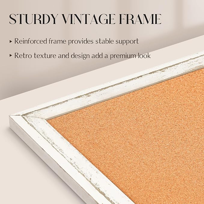 Cork Board Bulletin Board, 30" x 20" Rustic White Wooden Frame Corkboard for Wall, Hanging Vision Board, Pin Board for Home Room Dorm Office Decor
