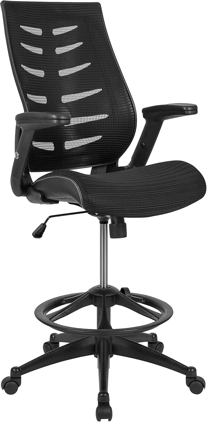 Flash Furniture Kale High-Back Ergonomic Mesh Office Chair with Flip-Up Arms and Adjustable Foot Ring, Spine-Back Tall Executive Swivel Chair, Black