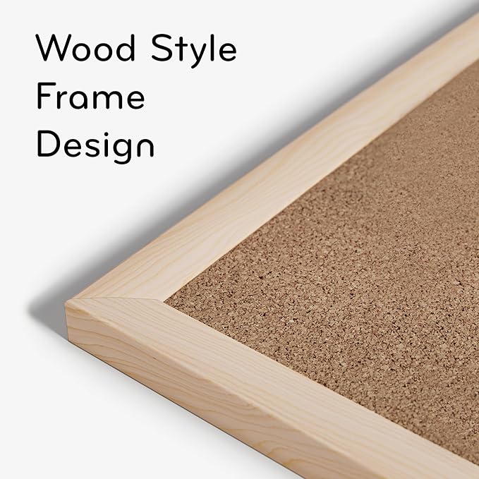 U Brands Vision Board Supplies Bundle, 24" x 18" Birch Wood-Style Frame Cork Bulletin Board & Set of 54 Push Pins in Assorted Styles
