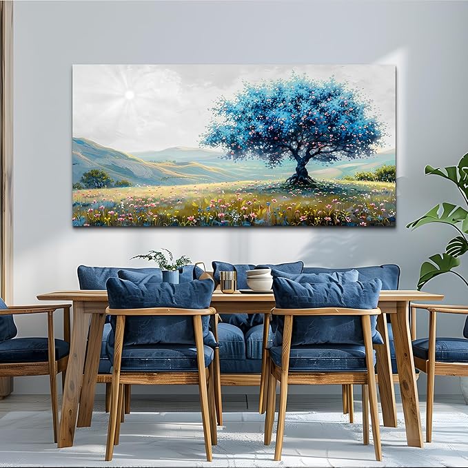 FUHAIHUA Canvas Wall Art For Living Room Modern Wall Decor For Bedroom Office Wall Decoration Pastoral Landscape Painting Blue Tree Pictures Artwork Ready To Hang Room Aesthetic Home Decor 20x40 In