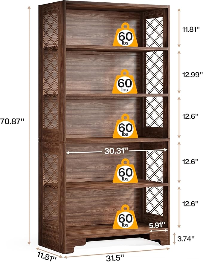 Tribesigns 6-Tier Bookcase, 70.8" Vintage Tall Bookcase,5-Shelf Mid-Century Display Rack Storage Shelves for Home Office, Living Room, Bedroom