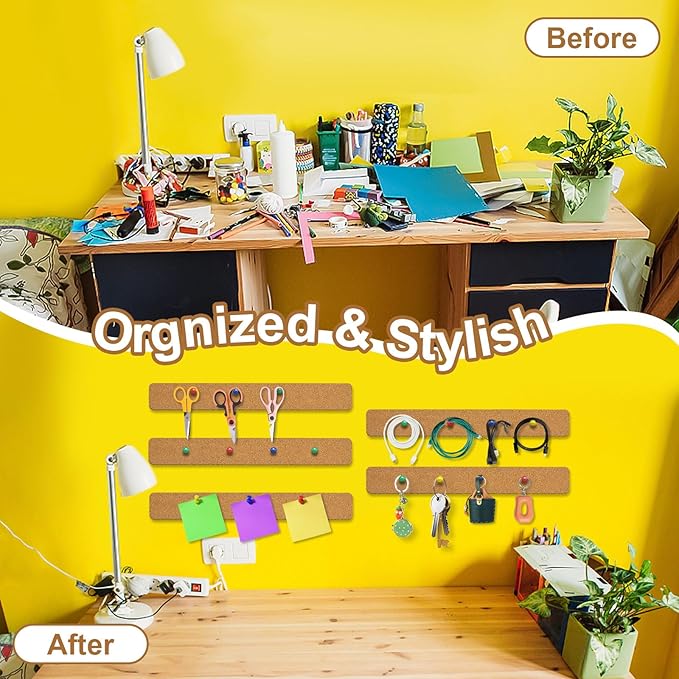 Cork Strips for Walls, 3Pcs Self Adhesive Cork Board for Office with 20 Pushpins for Paste Notes, Photos, Earrings, Necklaces, Mini Cork Board for Desk