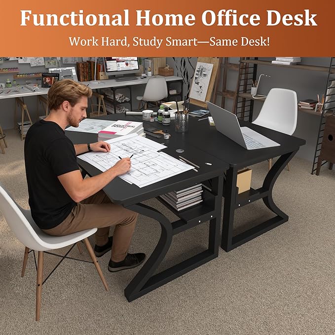 Computer Desk, 55'' Computer Desk Home Office Desks w/Storage Shelves & U Shaped Metal Frame, Study Writing Desk w/Cable Management, Deeper & Thicker Desktop Table for Home Office