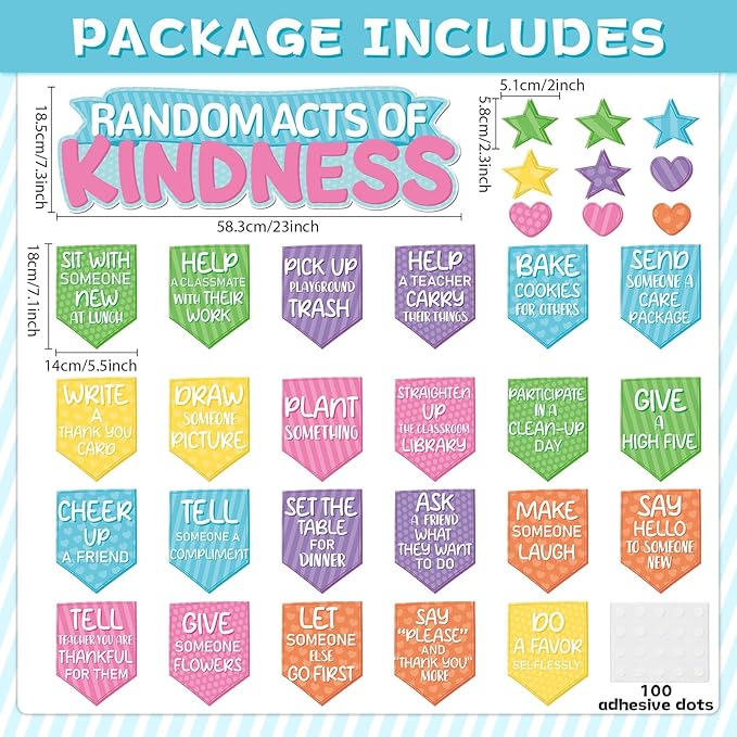 Random Acts of Kindness Bulletin Board Set Colorful Motivational Classroom Bulletin Decorations Rainbow Flip Kind Challenge Cutouts for Back to School Office Home Chalkboard Decor Wall Door