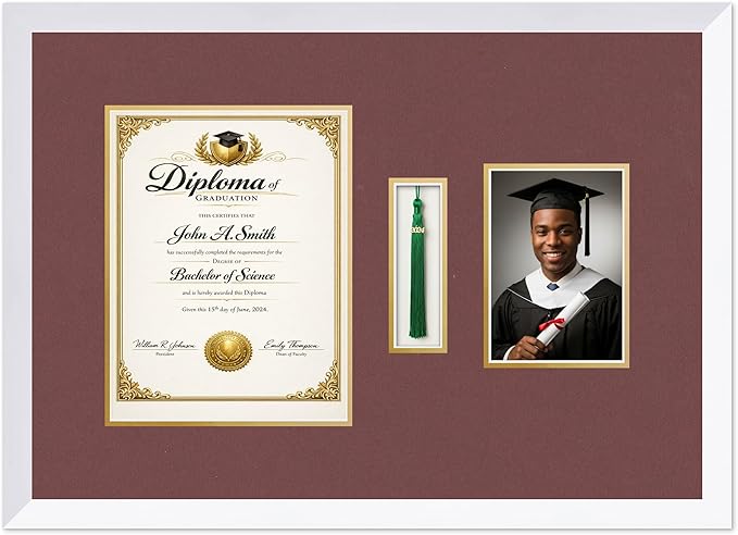 CountryArtHouse Diploma Tassel and Photo Shadowbox Fits 8.5 x 11 Certificate (Portrait) with Tassel Hook Bright White Genuine Hardwood with Dark Red Over Metallic Gold Double mat