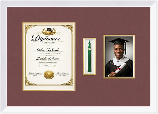 CountryArtHouse Diploma Tassel and Photo Shadowbox Fits 8.5 x 11 Certificate (Portrait) with Tassel Hook Bright White Genuine Hardwood with Dark Red Over Metallic Gold Double mat