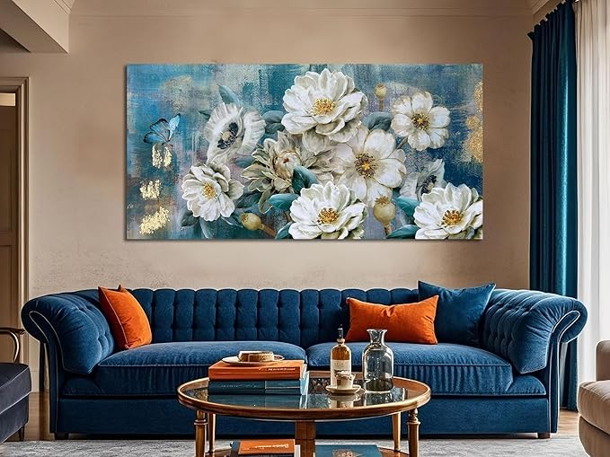 Arjun Big Size Flower Canvas Wall Art for Bedroom, White Elegant Teal Large Picture Textured Floral Magnolia Aesthetic Painting Living Room Wall Decor Turquoise Artwork Home Office 58"x29"