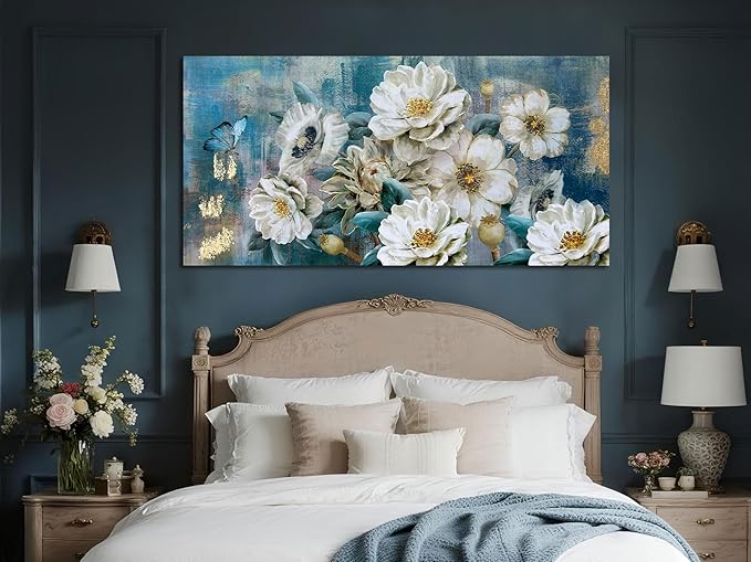 Arjun Big Size Flower Canvas Wall Art for Bedroom, White Elegant Teal Large Picture Textured Floral Magnolia Aesthetic Painting Living Room Wall Decor Turquoise Artwork Home Office 58"x29"