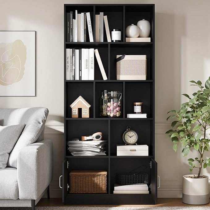 Cozy Castle 70" Tall Black Bookshelf with 12 Cubes and 2 Doors, 4-Tier Open Shelf Bookcase with Cabinet, Modern Cube Storage Organizer for Living Room, and Office